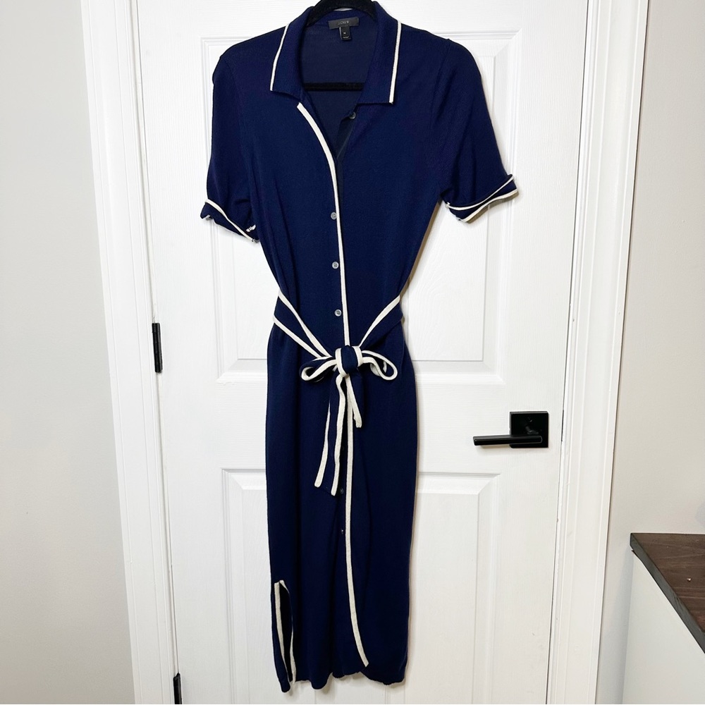 J. Crew Navy Blue Midi Dress with White Trim